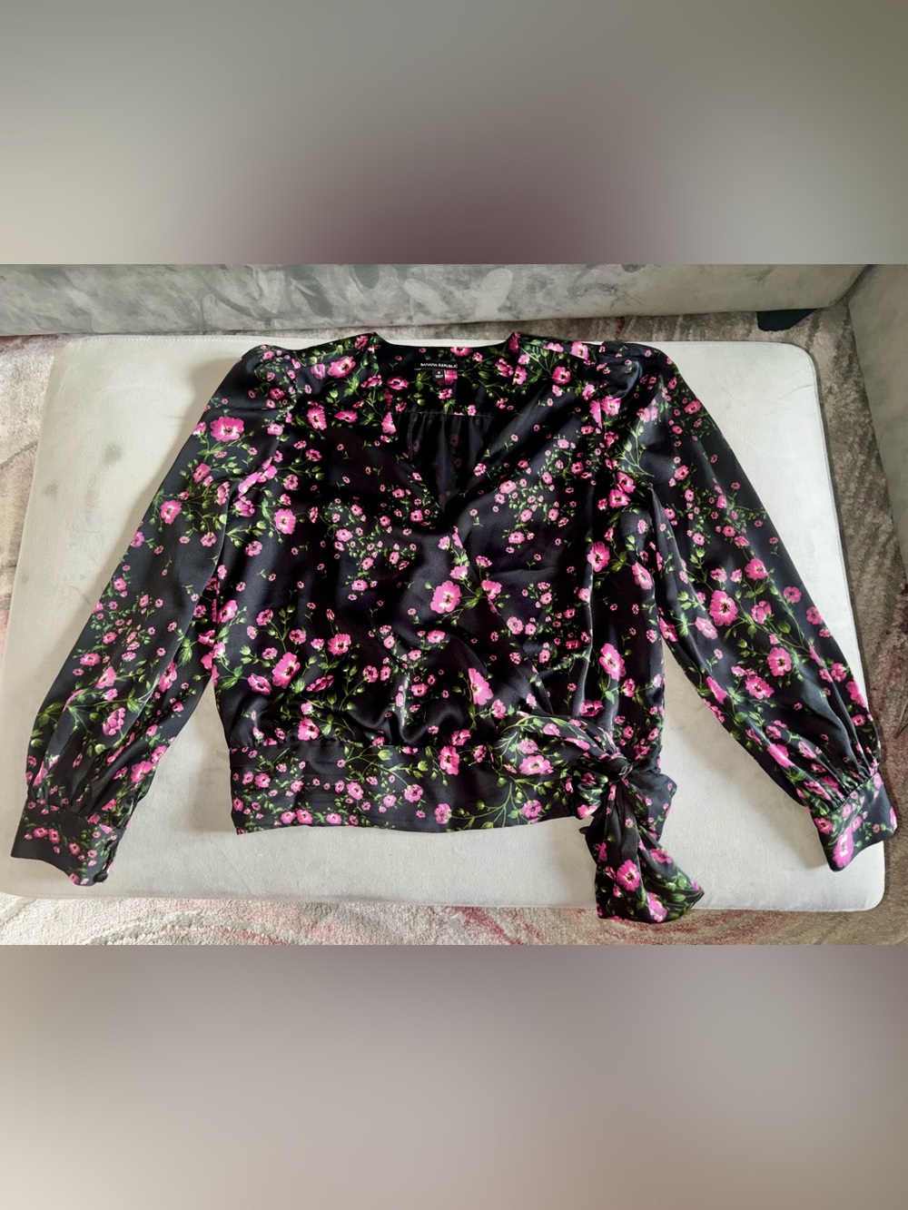Banana Republic Women's Black Floral Wrap Blouse with Pink Blossoms